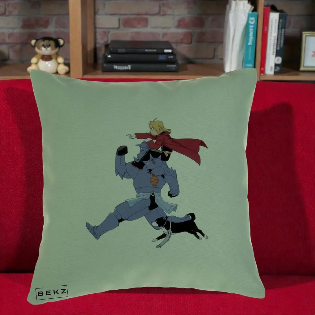 Perna Personalizata Fullmetal Alchemist Edward si Alphonse, 40x40 cm, Verde, Husa Detasabila, Perna Inclusa, BEKZ®
