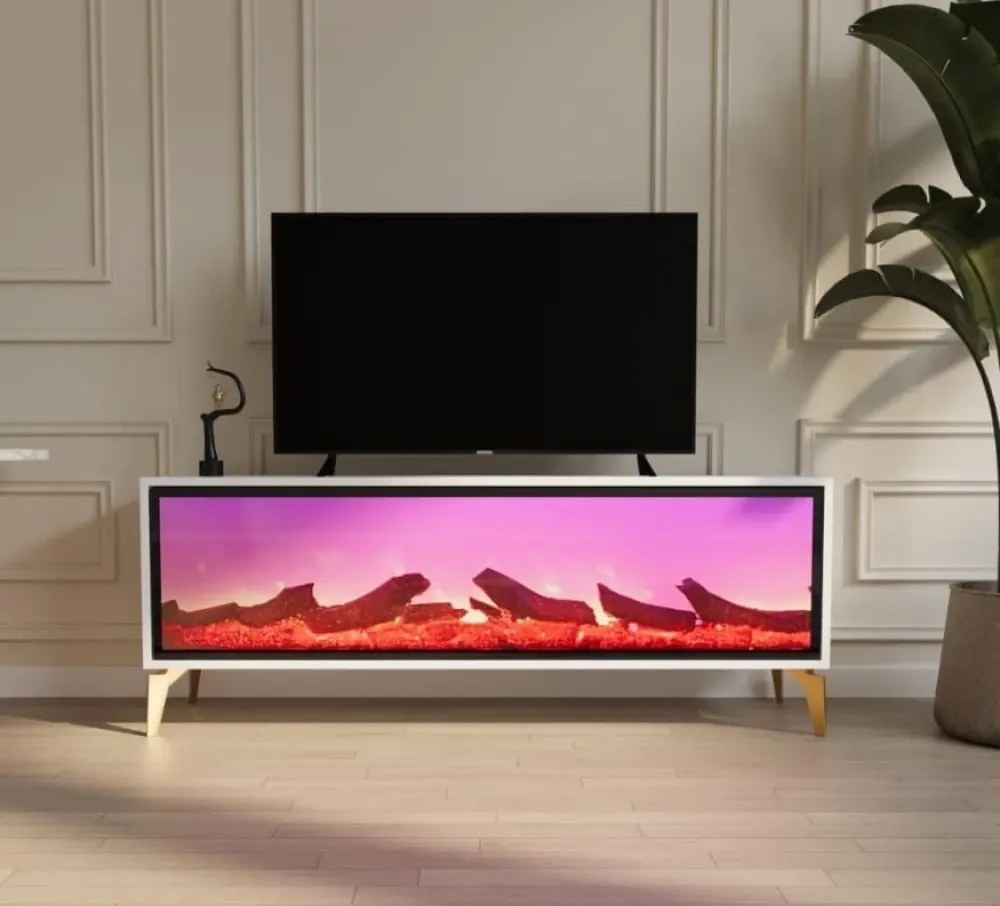 Comoda TV cu șemineu electric, Alb/Auriu, 160x40x45 cm