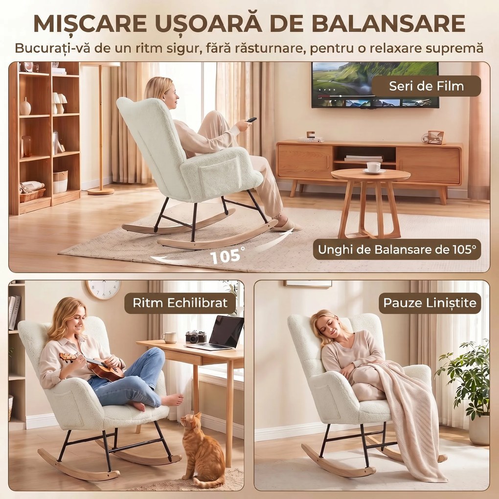 HOMCOM Scaun Balansoar Matlasat cu Buzunare Laterale, Alb Crem | Aosom Romania