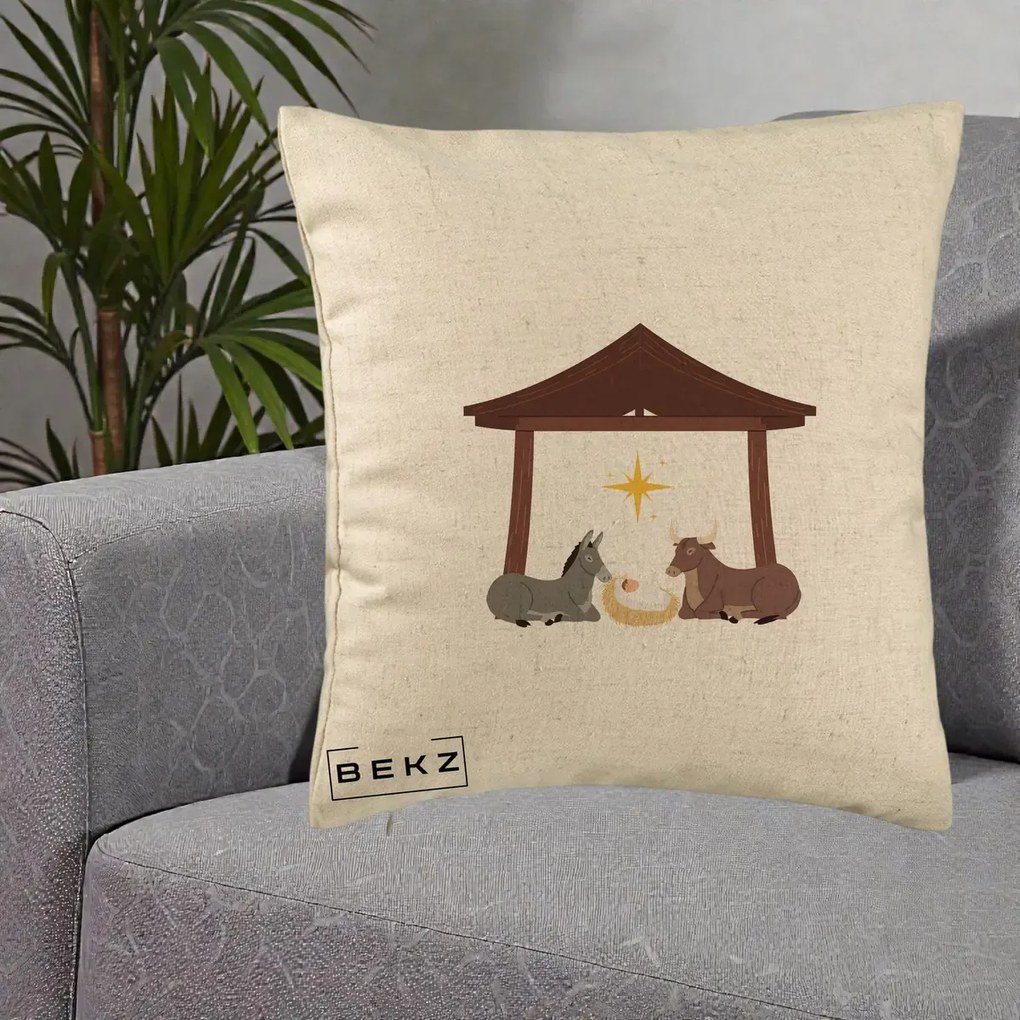 Perna Decorativa Ieslea din Betleem cu Iesle Asin si Bou, 40x40 cm, Bej, Husa Detasabila, Perna Inclusa, BEKZ®