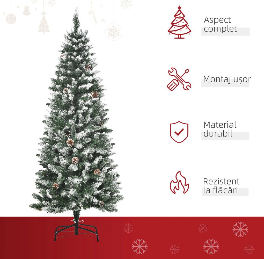 HOMCOM Brad de Crăciun Înzăpezit cu 464 crengi și 28 conuri, Brad Artificial cu Bază Detașabilă, Ø69x150 cm, Verde | Aosom Romania