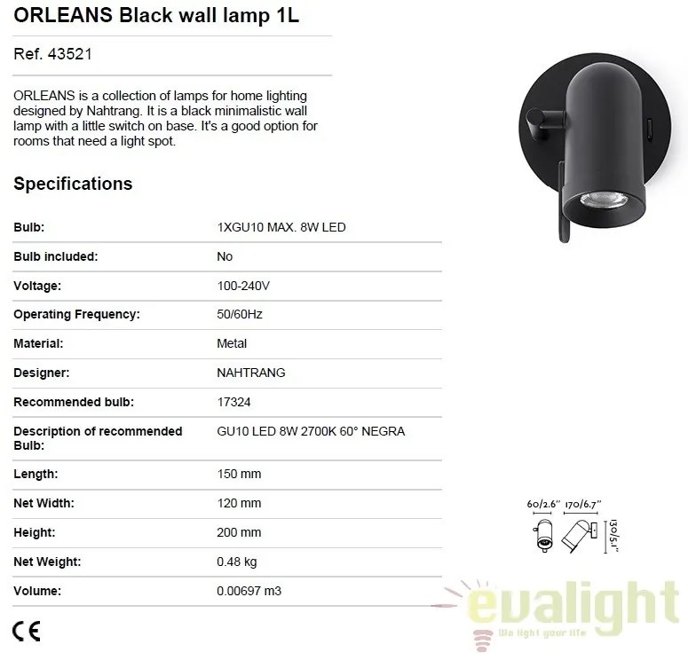 Aplica stil modern minimalist ORLEANS 1L negru 43521