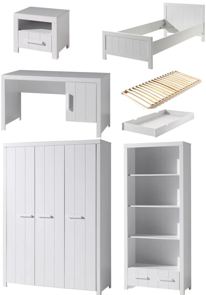 Set Mobilier Cameră Copii ERIK, pat 90x200 cm, dulap cu 3 uși, birou, bibliotecă și sertar alb – Vipack