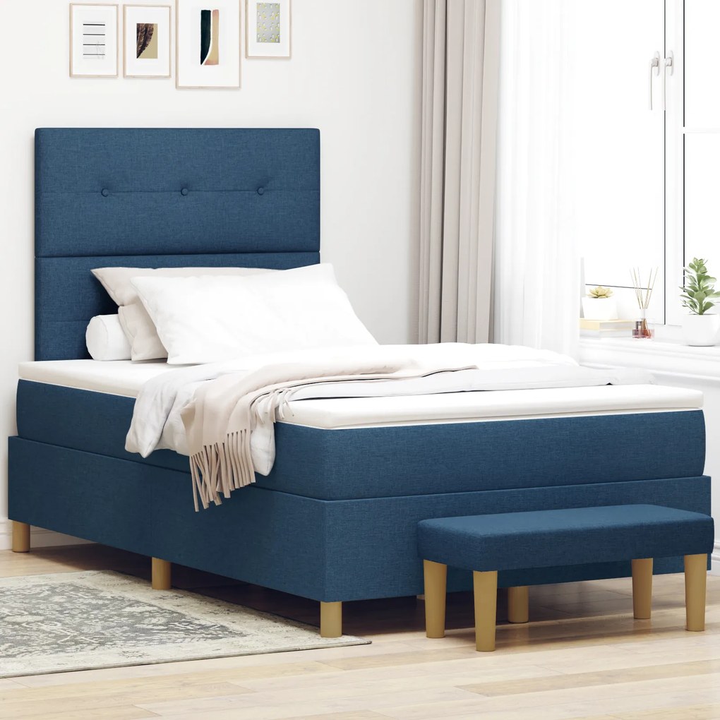 vidaXL Pat Box Spring cu Saltea și Bancă Albastru 120x200 cm Material Textil