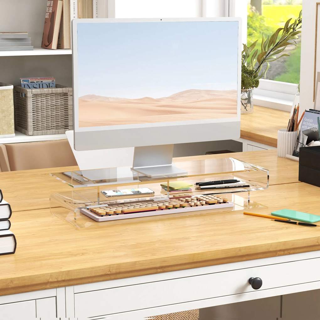 HOMCOM Suport Monitor Acrilic cu Spațiu pentru Tastatură, Organizator Birou Multifuncțional, Transparent, 50.8x19x12 cm | Aosom Romania