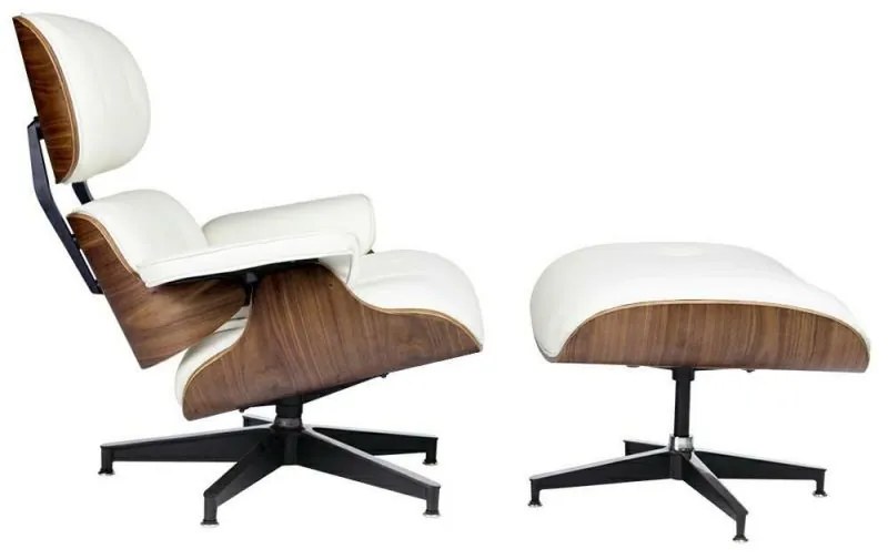 Fotoliu cu taburet alb LOUNGE HM PREMIUM WIDE - placaj de nuc, piele naturala