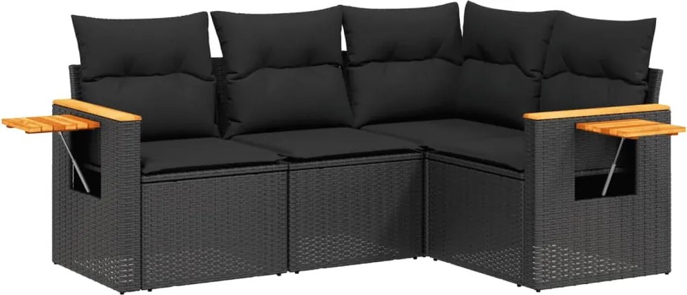 vidaXL Set mobilier de grădină cu perne, 4 piese, negru, poliratan