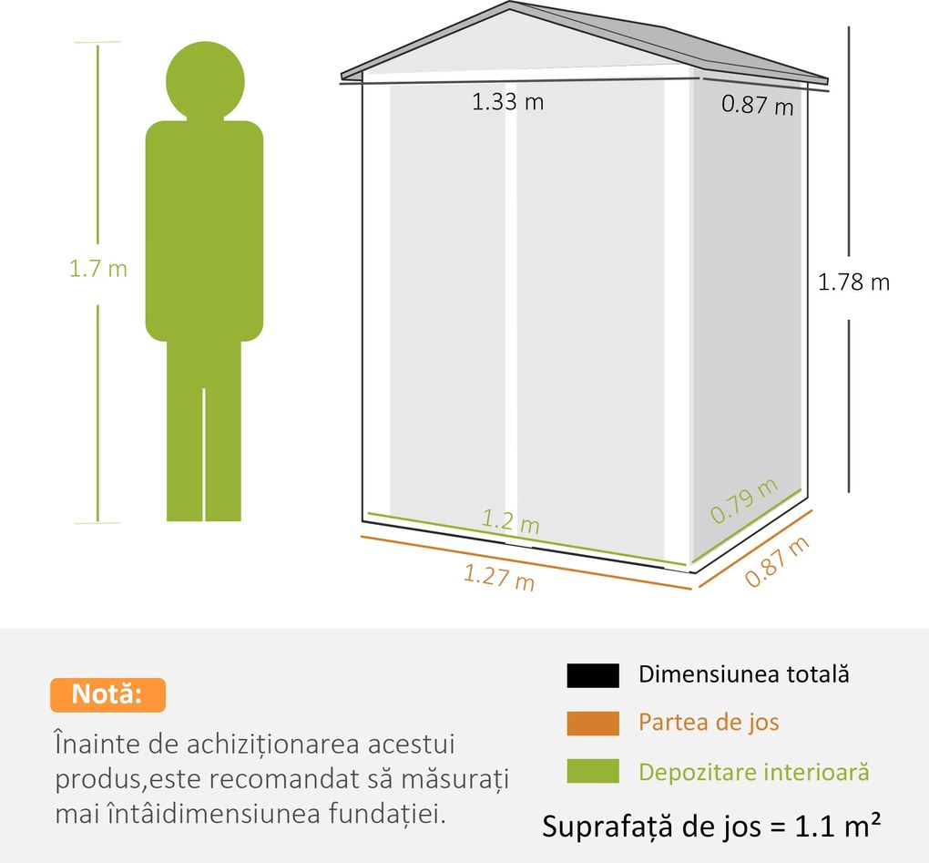 Outsunny Magazie de Grădină 1.1m² din Oțel Zincat, Magazie cu Porți Duble Largi Blocabile, Acoperiș Înclinat, Mănuși, Spațiu pentru Unelte, 133x87x178 cm, Gri Argintiu | Aosom Romania