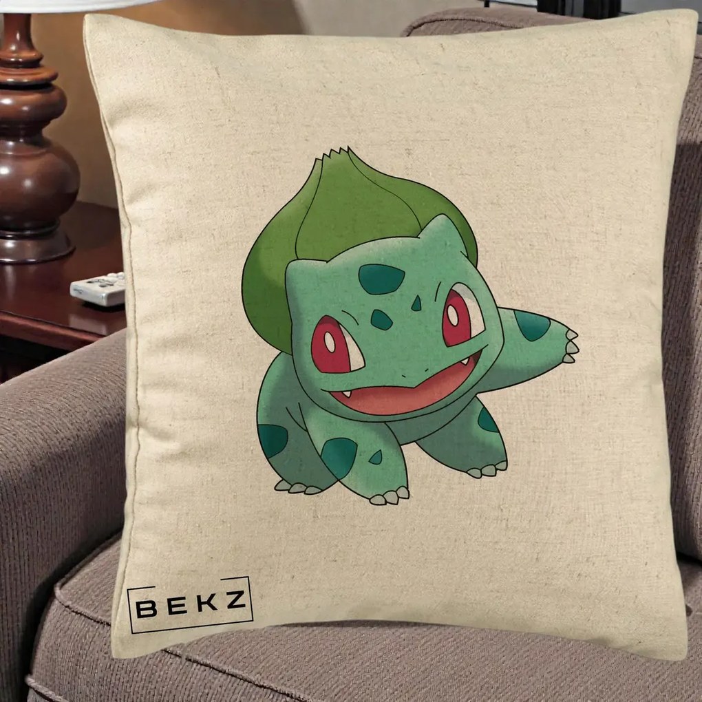 Perna Personalizata Bulbasaur Pokemon, 40x40 cm, Bej, Husa Detasabila, Perna Inclusa, BEKZ®