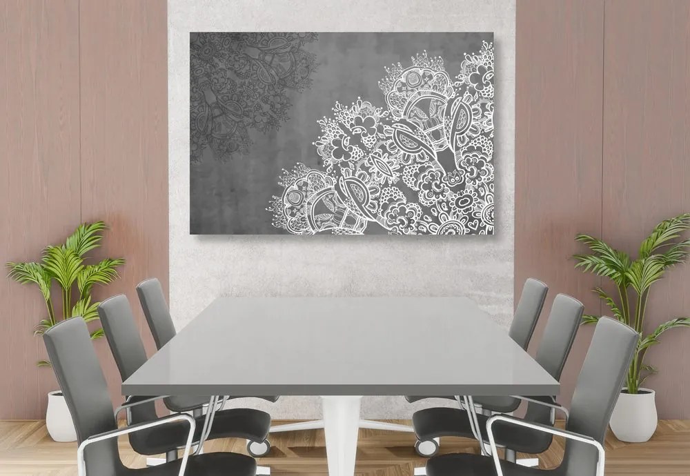 Tablou elementele unei Mandale florale în design alb-negru