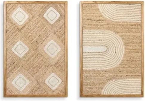 Set 2 tablouri decorative din iută cu relief în ramă din lemn de acacia, 60×90 cm, „Hemp"