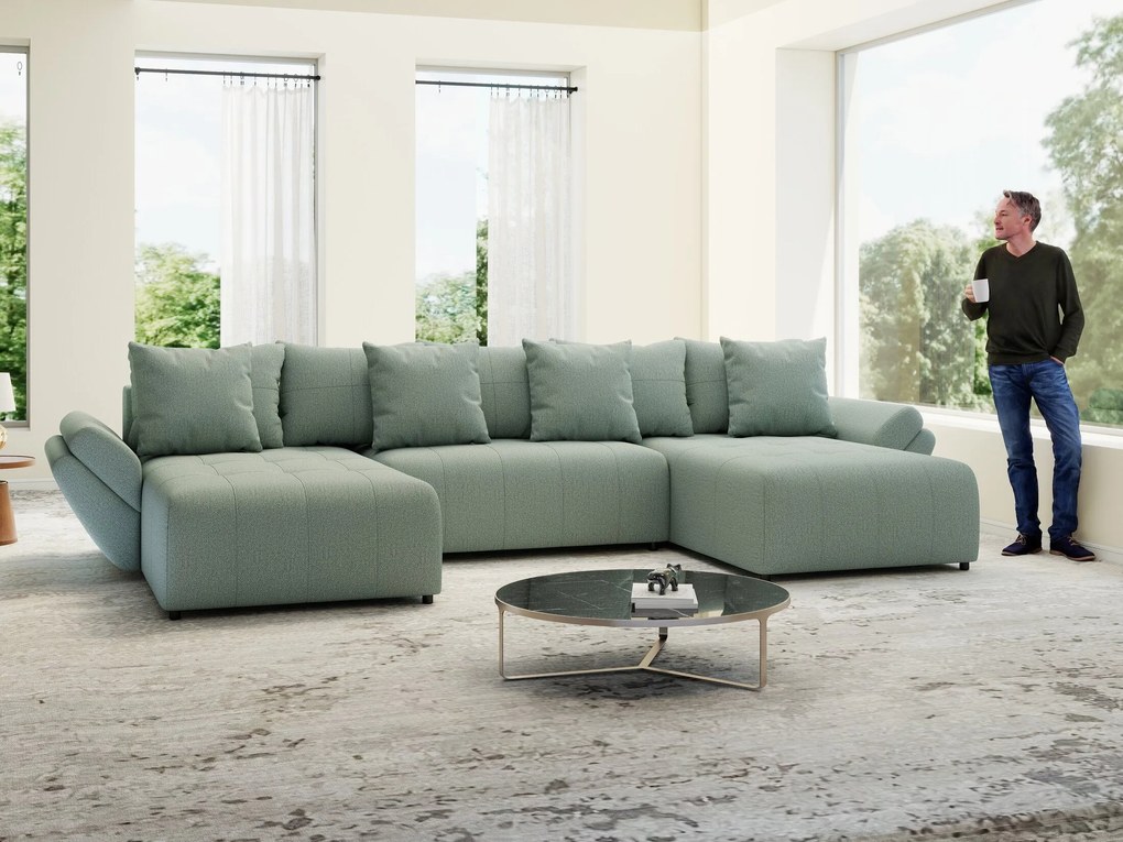 Colțar extensibil dumonde cu ladă de depozitare si sezut confortabil din spuma high-density, Berlin U Enjoy Mint 380x180 cm