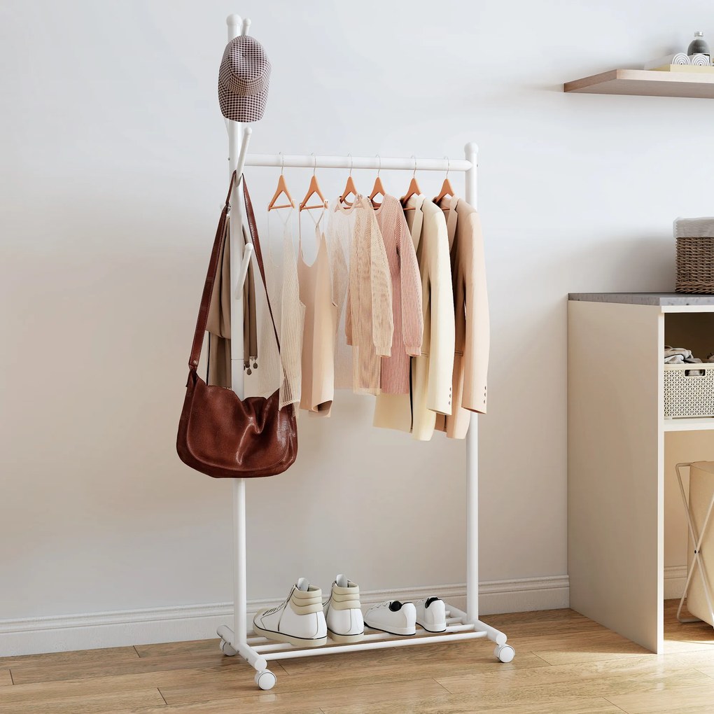 HOMCOM Cuier de Podea cu Roți, Stand de Haine cu 5 Cârlige și Raft Inferior pentru Încălțăminte, pentru Cameră, Intrare și Coridor, Alb | Aosom Romania