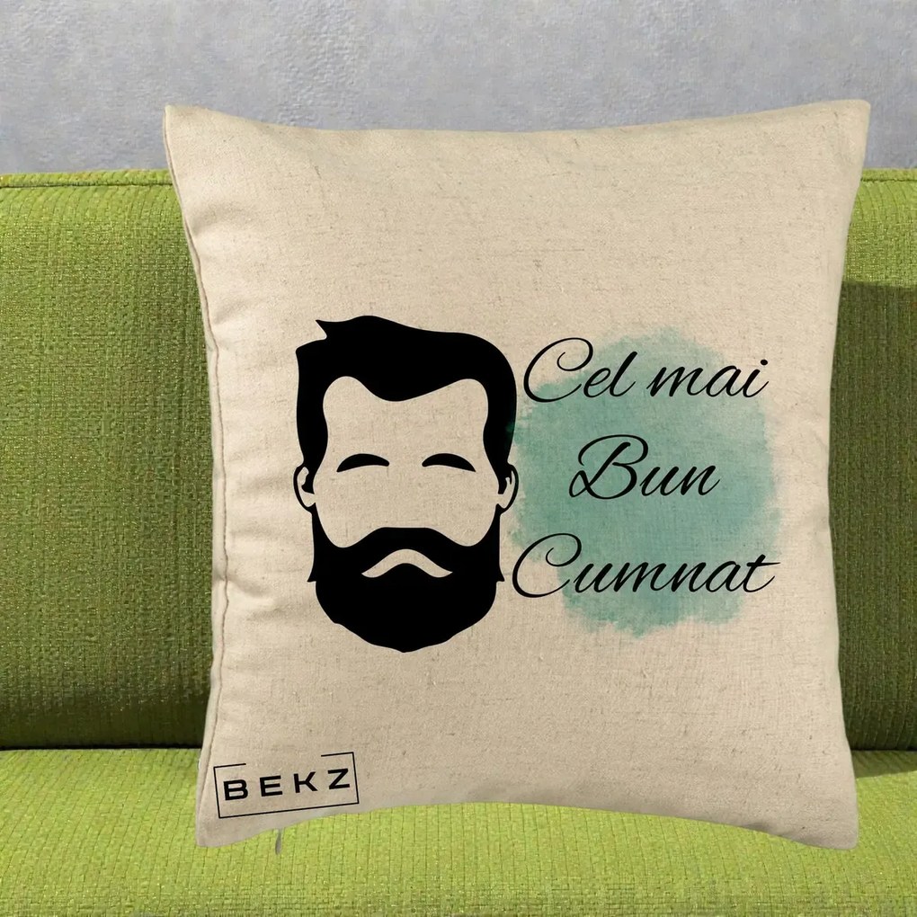 Cadou pentru Cumnat - Perna Personalizata Cel mai Bun Cumnat cu Portret Barbat si Pete Teal, 40x40 cm, Bej, Husa Detasabila, Perna Inclusa, BEKZ®