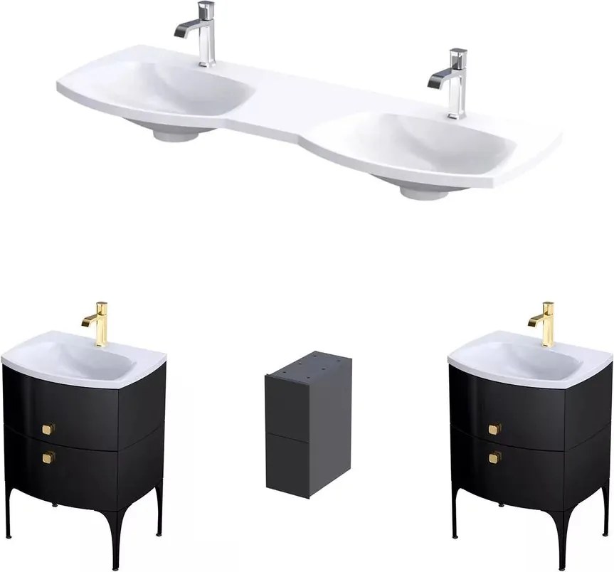Set dulap baza suspendat Oristo Louis negru 4 sertare cu lavoar alb 144 cm
