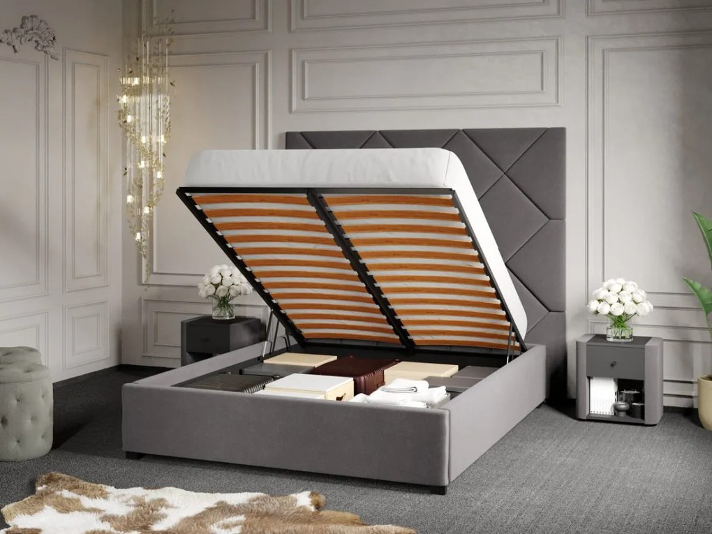 Pat Tapitat cu Panou 191x170 C2 Dubai pentru saltea de 190 rabatabil cu lada Gri - Velluto 16 180x190