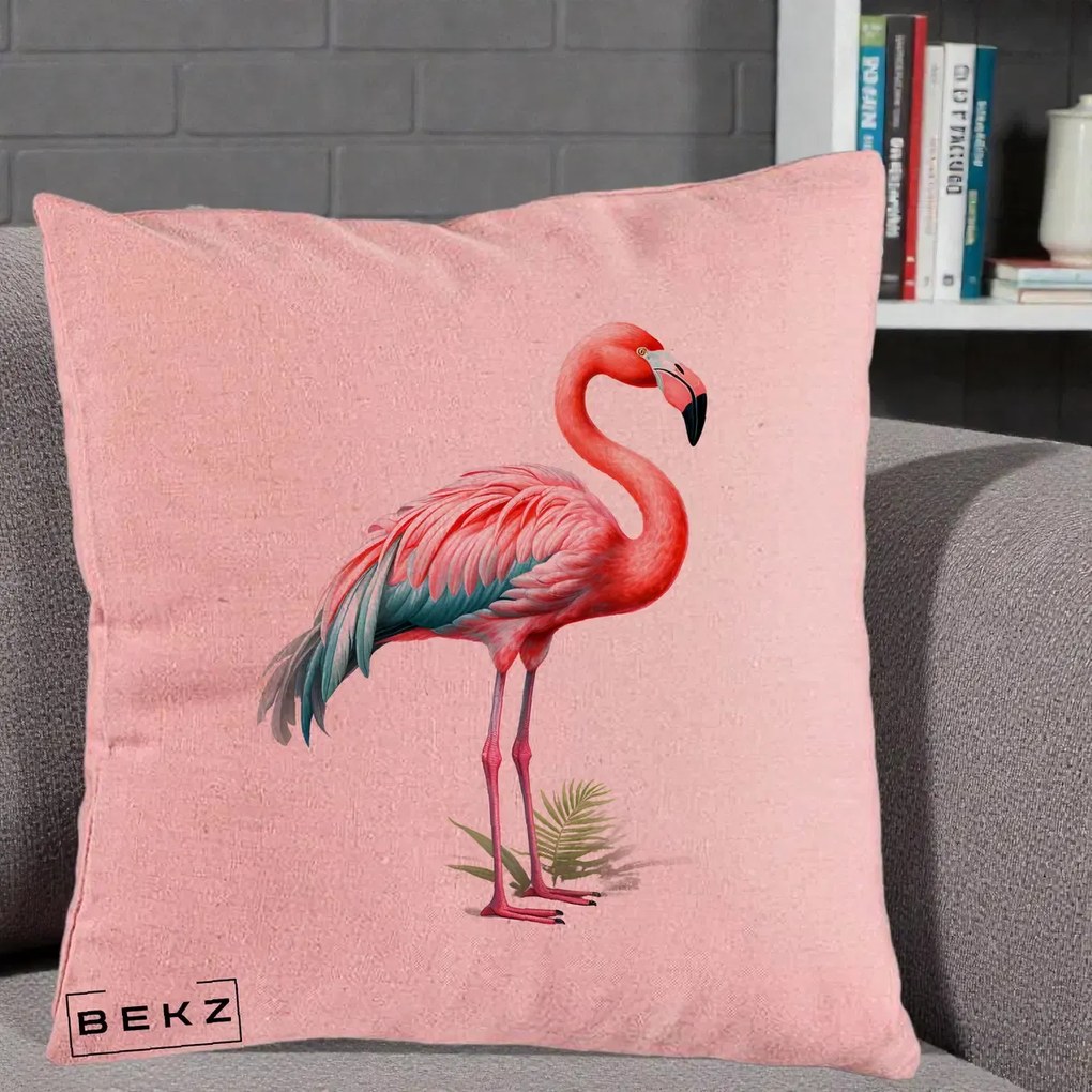 Perna Decorativa Flamingo Roz cu Pene Teal, 40x40 cm, Roz, Husa Detasabila, Perna Inclusa, BEKZ®