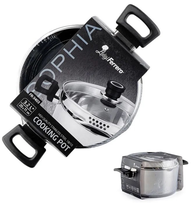 Cratiță Luigi Ferrero Sophia FR-3403, 20x11 cm, 3.2 l, Oțel 18/10, Capac din sticlă, Inducție, Inox