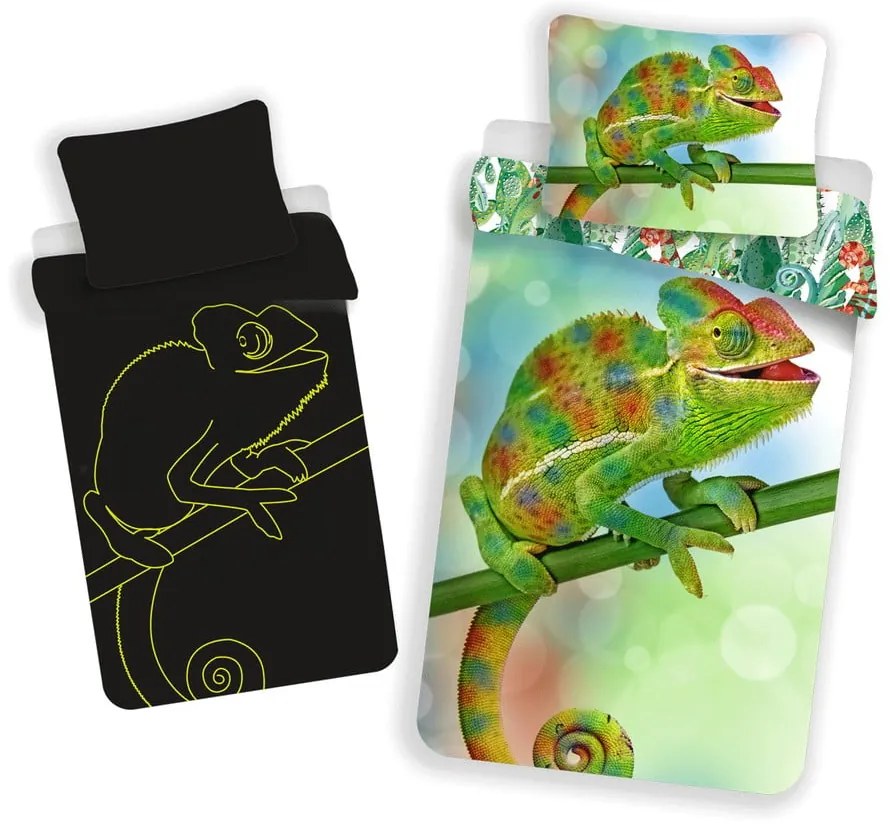 Lenjerie de pat fosforescentă pentru copii verde din bumbac pentru pat de o persoană 140x200 cm Chameleon – Jerry Fabrics