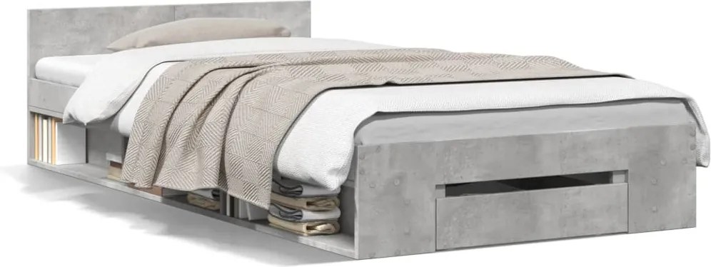 vidaXL Cadru de pat cu sertar, gri beton, 90x200 cm, lemn prelucrat