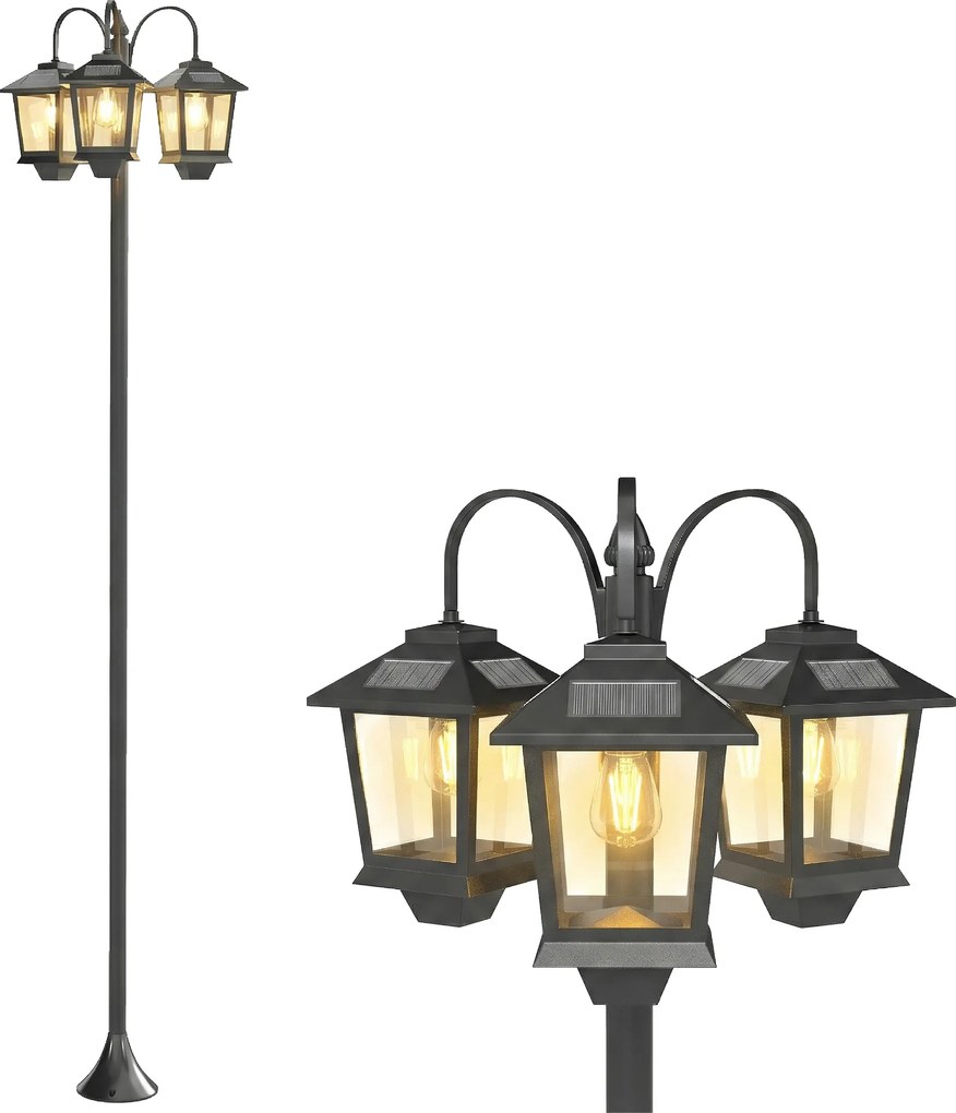 Outsunny Lampadar exterior solar cu 3 capete, lampadar pentru grădină, iluminare LED, senzor automat la apus și la răsărit, negru | Aosom Romania