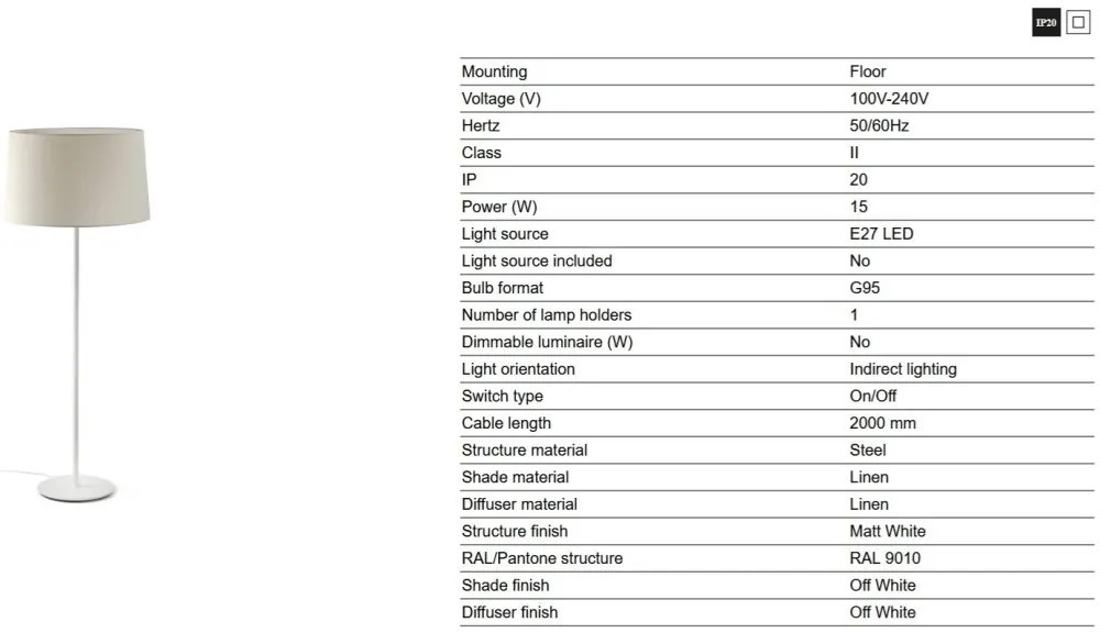 Lampa de podea abajur textil 64cm WINDSOR alb