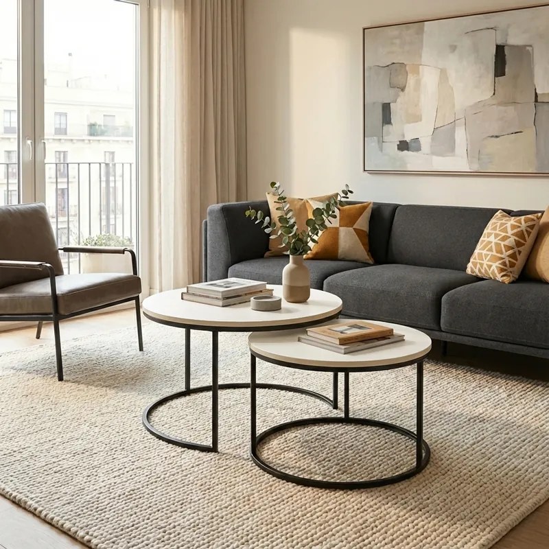 Set 2 Masuta Cafea Solitas Finisaj Crem, Picioare Negre