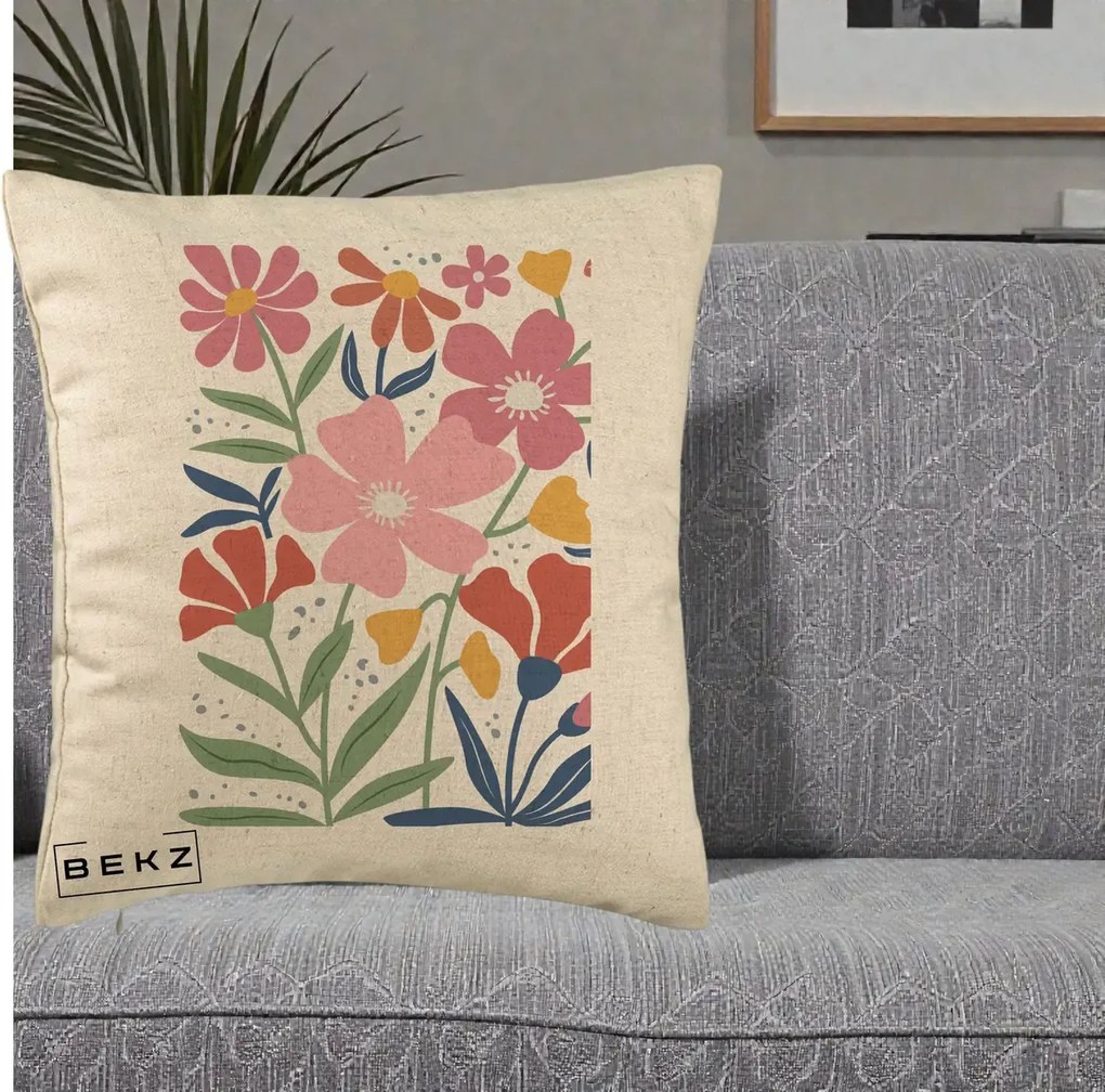 Perna Decorativa Flori Grafice Roz si Terracotta, 40x40 cm, Bej, Husa Detasabila, Perna Inclusa, BEKZ®