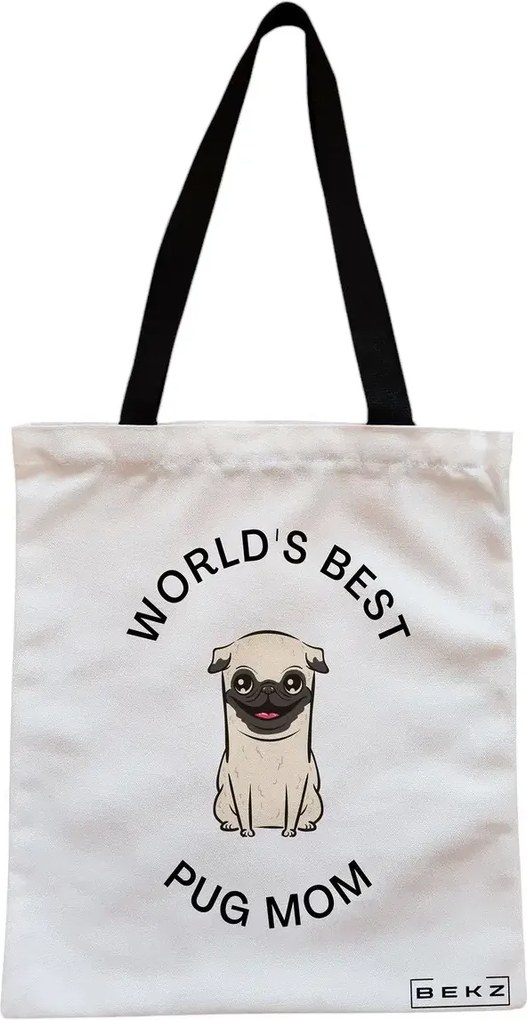 Sacosa de Panza pentru Cumparaturi, Geanta Tote, model World's best pug mom, Cu fermoar, 38x34.5 cm, Alba, BEKZ®
