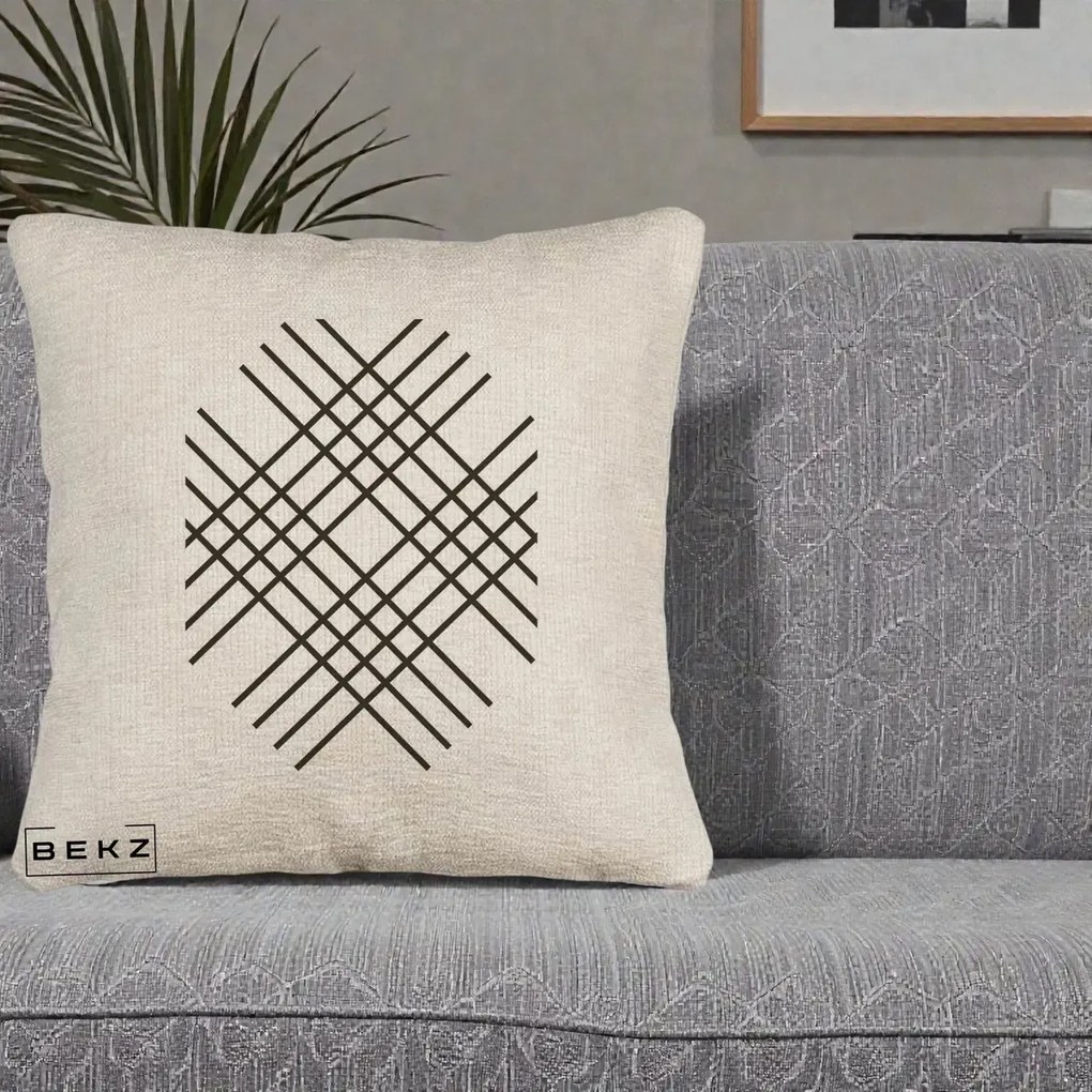 Perna Decorativa Geometric Grid, 40x40 cm, Bej Canapea, Husa Detasabila, Perna Inclusa, BEKZ®
