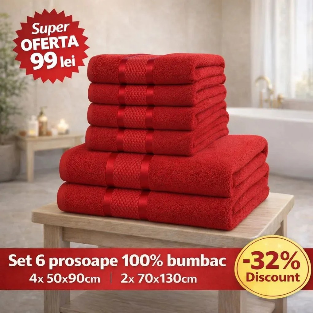 Set 6 Prosoape ROYAL Premium – 100% Bumbac Pieptănat, 550 g/mp, Ultra-Absorbante și Pufoase