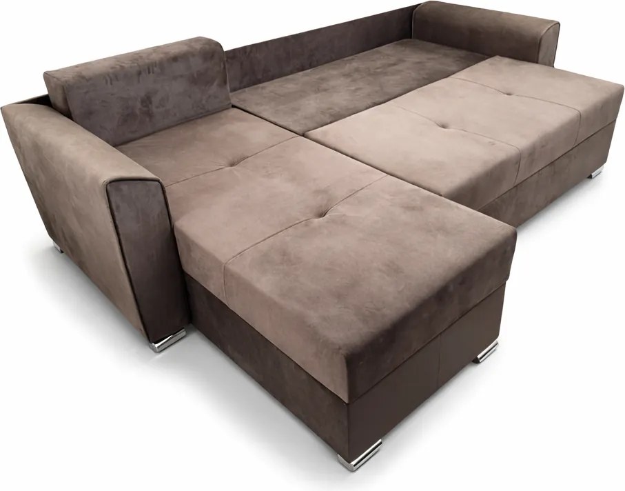 Coltar Lori, 4 locuri, cu 2 lazi de depozitare, catifea, 260x95x80 cm, culoare maro Stânga, catifea, Maro + Crem