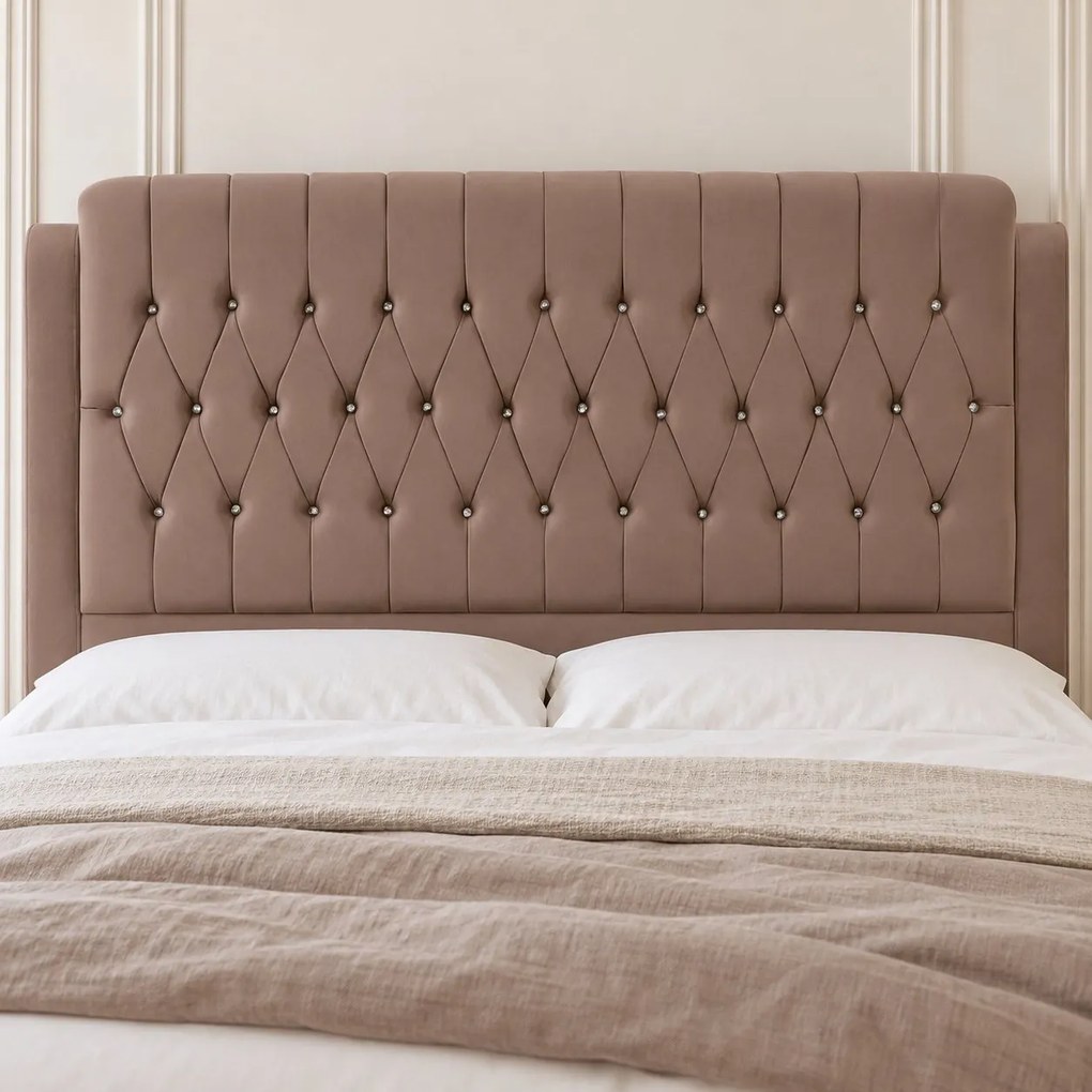 Pat tapițat Chesterfield din catifea Aveline Deluxe 180×200 cm, cappuccino, cu ladă de depozitare