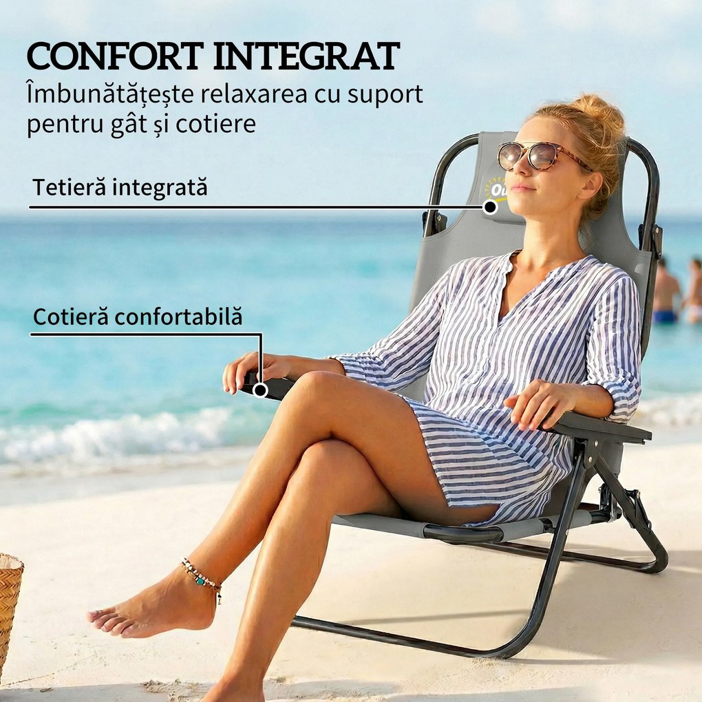 Outsunny Set de 2 Scaune de Camping Portabile, Plajă Pliabile, Spătar Reglabil, Gri Deschis. | Aosom Romania