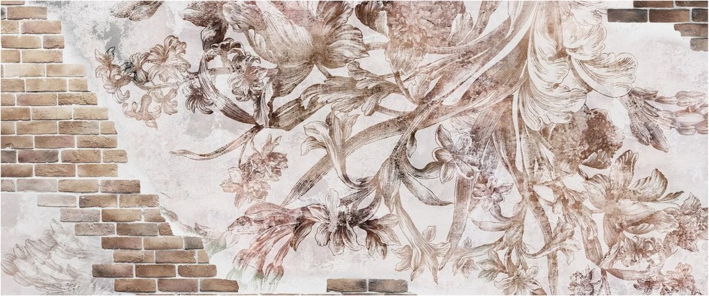 Tablou - Frescă florală pe un perete de cărămidă (120x50 cm)