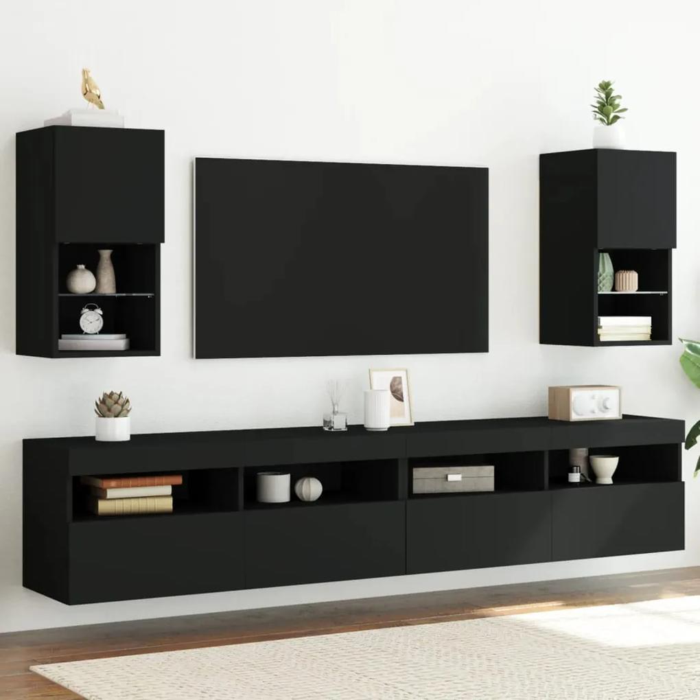 Comode TV cu lumini LED, 2 buc., negru, 30,5x30x60 cm