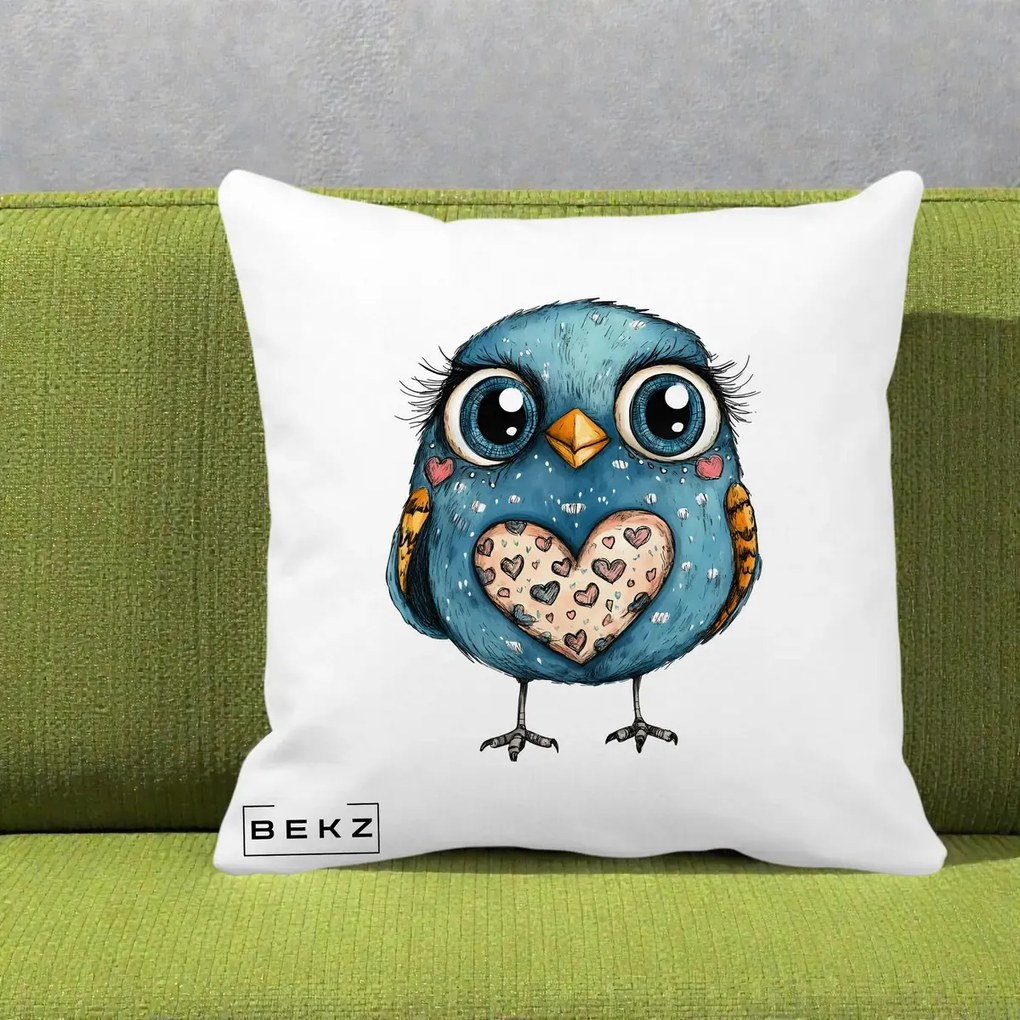 Perna Decorativa Bufnita Albastra cu Inimioare, 40x40 cm, Alba Mata, Husa Detasabila, Perna Inclusa, BEKZ®