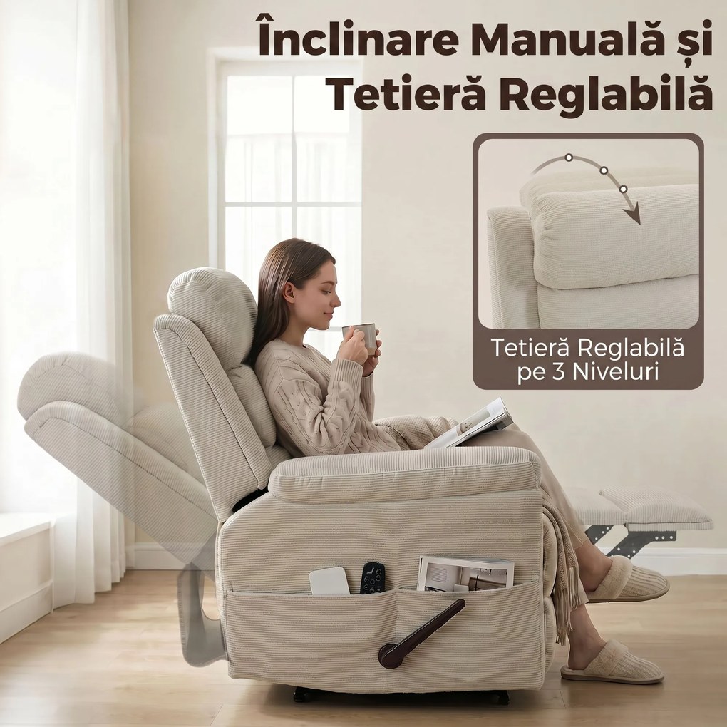 HOMCOM Fotoliu Reclinabil cu Funcție de Masaj și Încălzire, Chenille, Alb Crem | Aosom Romania