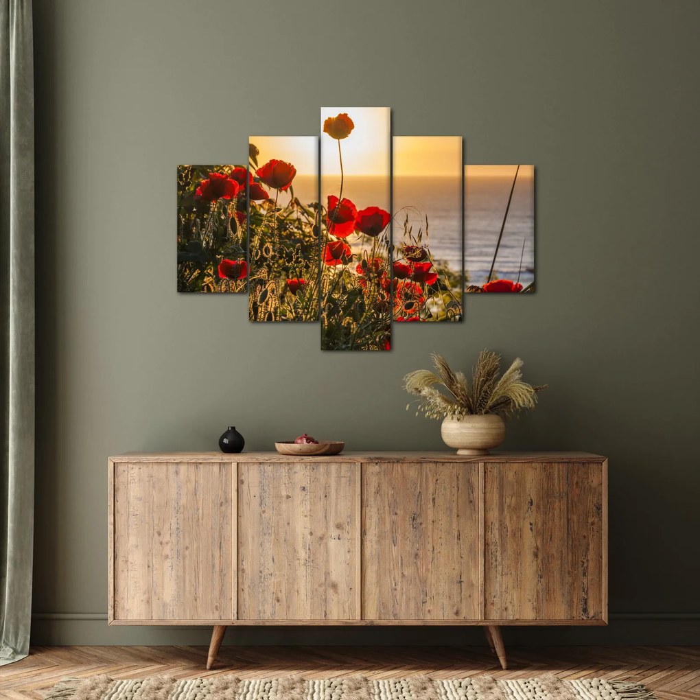 Tablou cu apus de soare cu flori de maci (150x105 cm)