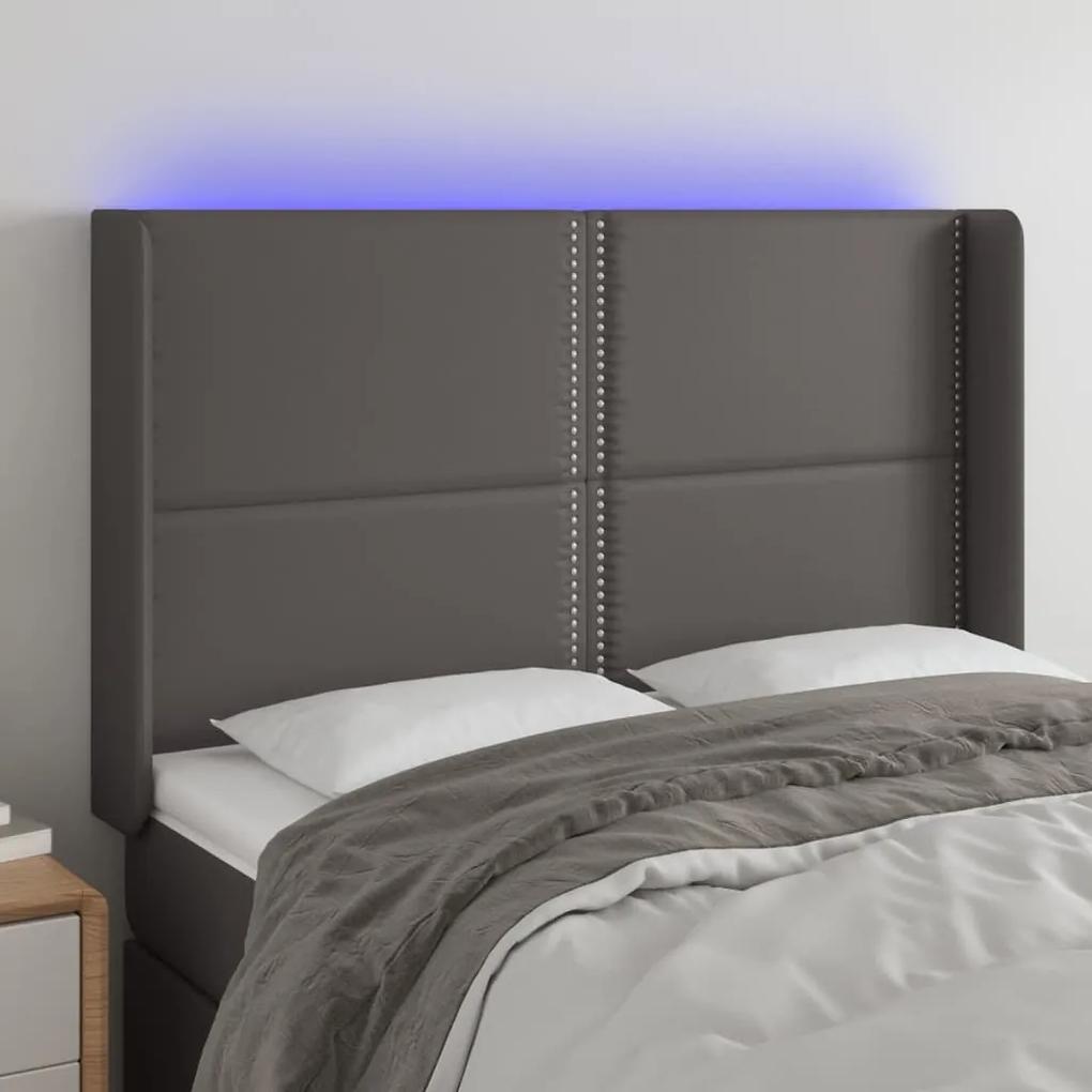 3124002 vidaXL Tăblie de pat cu LED, gri, 147x16x118/128 cm, piele ecologică