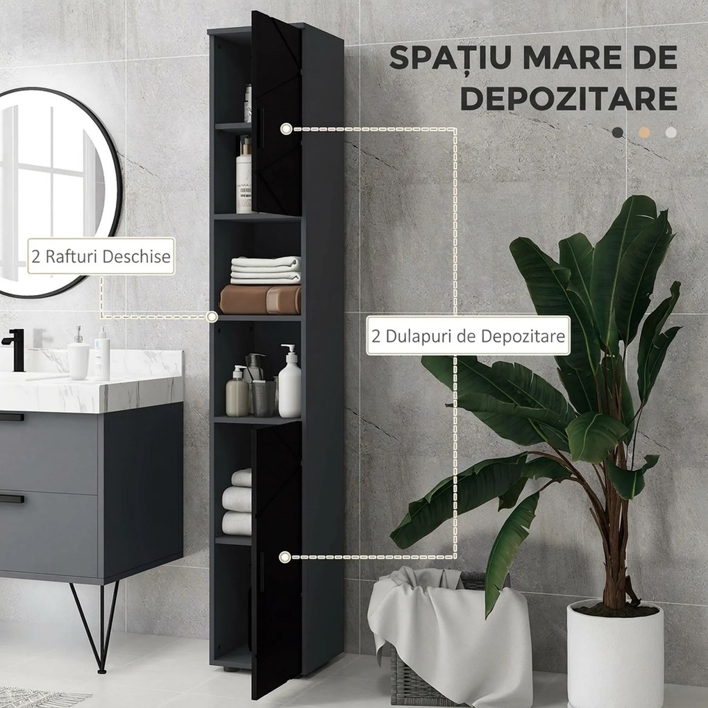 Dulap Baie, Inalt de 183cm cu 2 rafturi deschise si doua dulapuri cu 2 nivele, 30x30x183cm, Negru kleankin | Aosom Romania