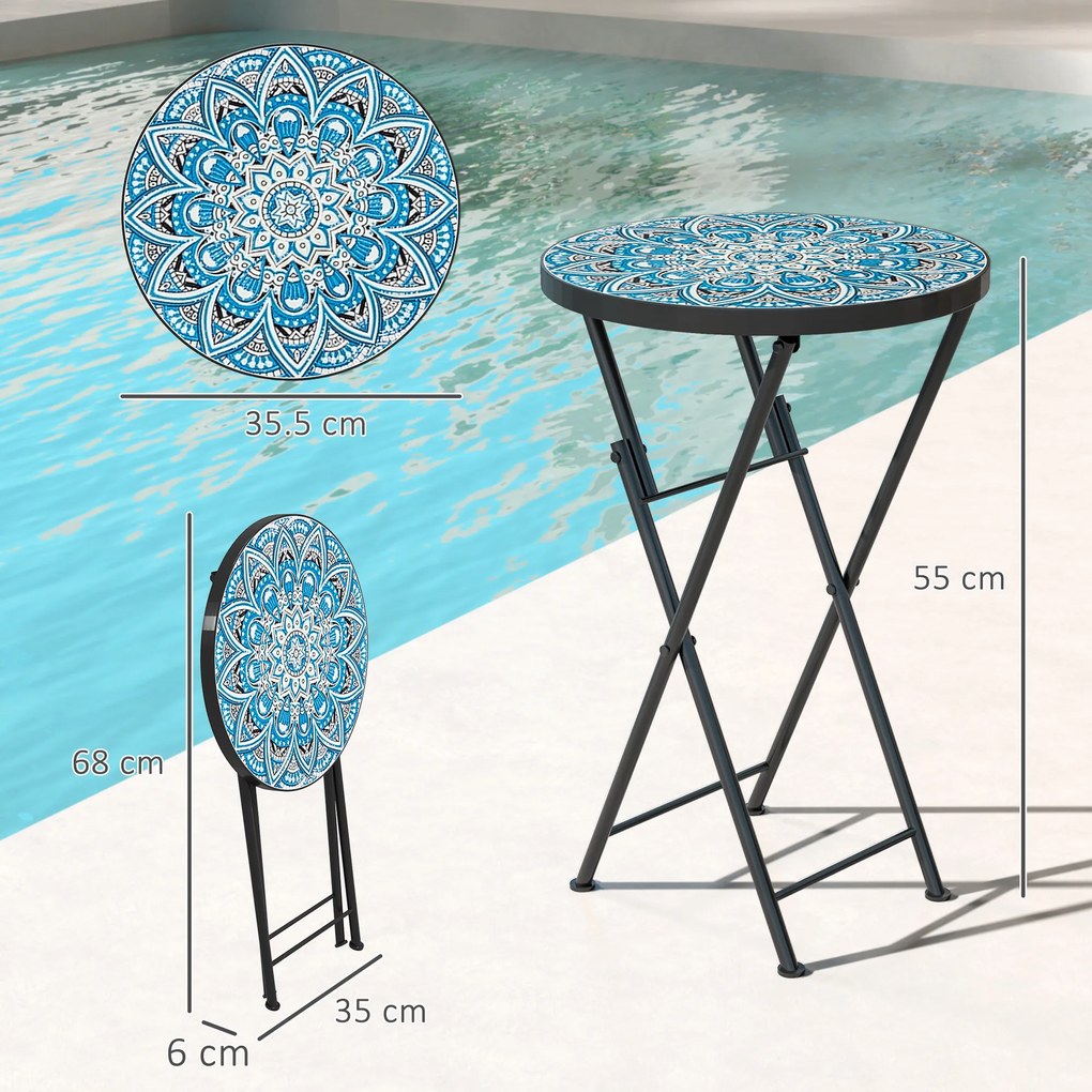 Outsunny Masă de grădină mozaic, Masă rotundă pliabilă pentru terasă cu cadru metalic și blat de ceramică, Model mozaic, Albastru | Aosom Romania