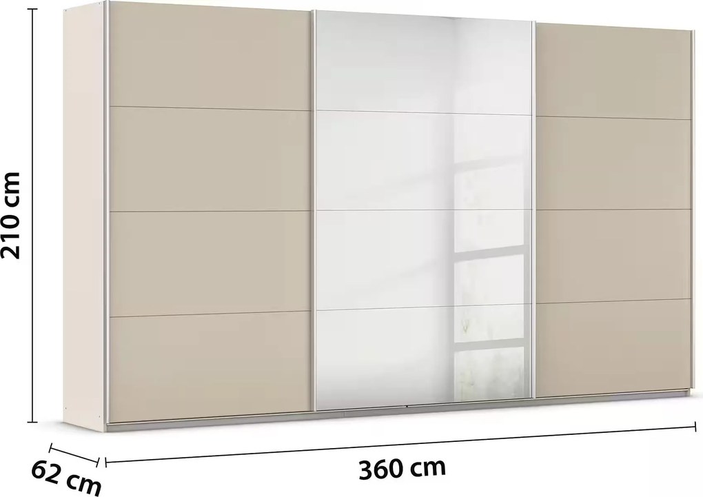 Dressing 360 cm lungime, 3 uși glisante, culoare crem, oglindă pe mijloc, compartimentare premium, 210 cm înălțime