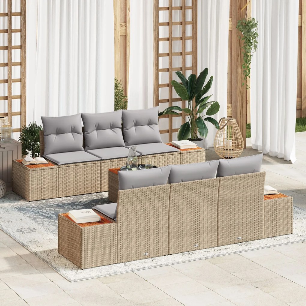vidaXL Set canapea grădină, 7 piese cu perne, bej, rattan poliester, acacia