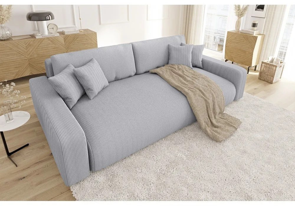 Canapea gri deschis extensibilă, cu spațiu de depozitare, cu tapițerie din catifea reiată 234 cm Sara – Ropez