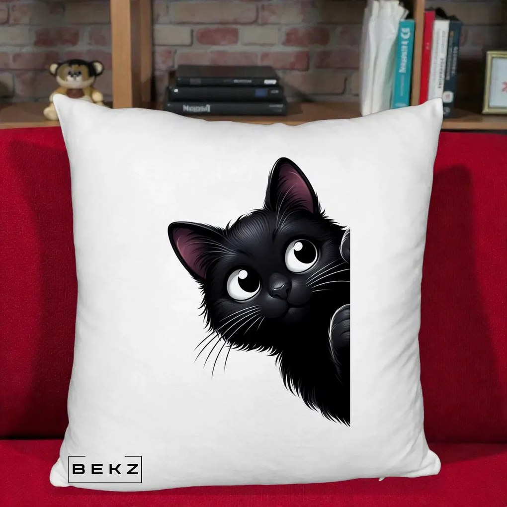 Perna Decorativa Pisica Neagra Dragalasa Curioasa, 40x40 cm, Alb Pufos, Husa Detasabila, Perna Inclusa, BEKZ®