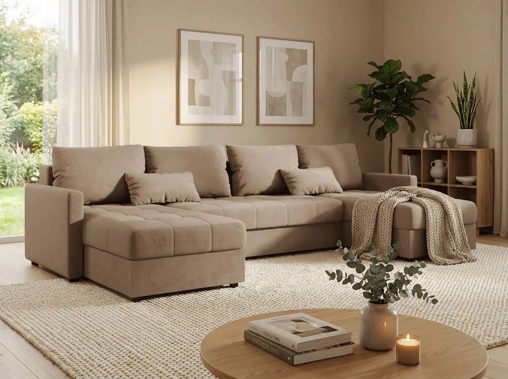 OFERTA Set canapea extensibila in forma de U VENORIA 285x146 cm, bej + 2 perne CADOU II. calitate.
