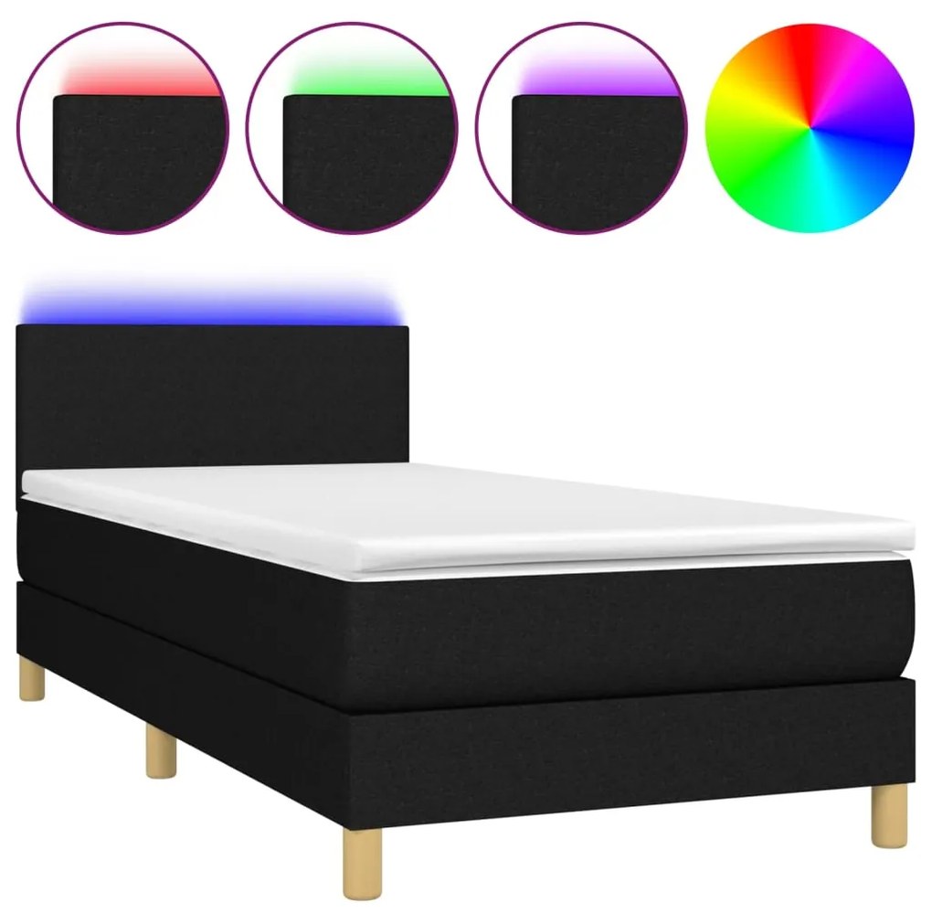 3133511 vidaXL Pat cu arcuri, saltea și LED, negru, 80x200 cm, textil