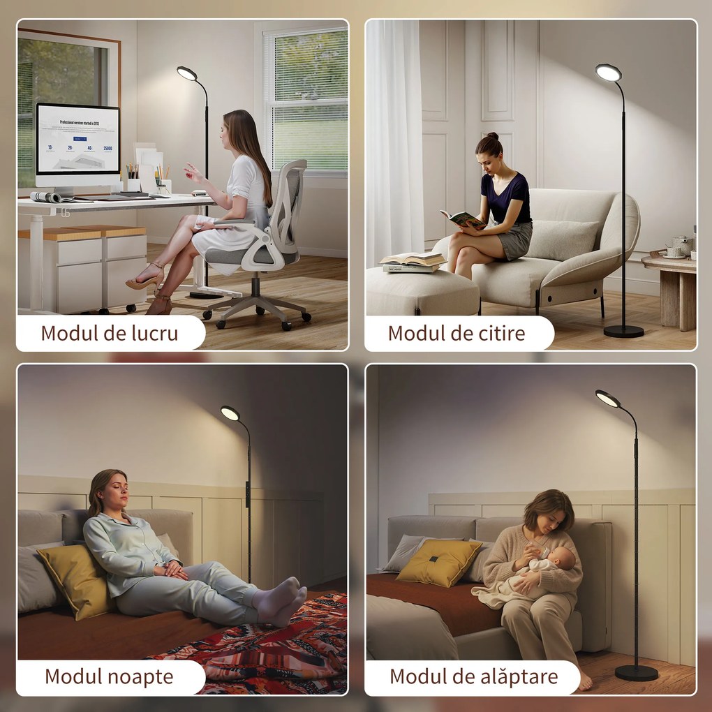 HOMCOM Lampă de Podea LED cu Telecomandă, Cap Rotativ, Reglare Luminozitate și Temperatură, Negru | Aosom Romania