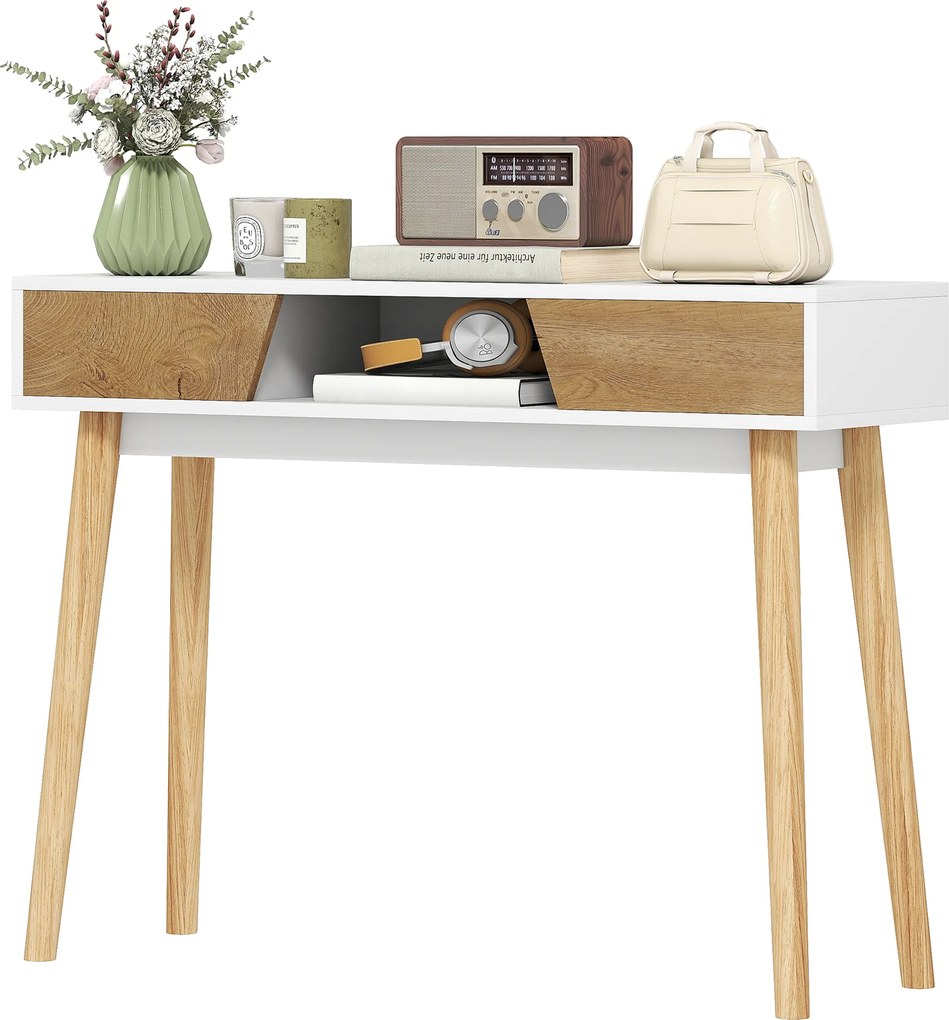 HOMCOM Consolă de intrare cu 2 sertare, compartiment și picioare din lemn pentru hol, intrare, living, alb | Aosom Romania